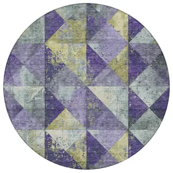 8' Eggplant And Gold Round Geometric Washable Indoor Outdoor Area Rug