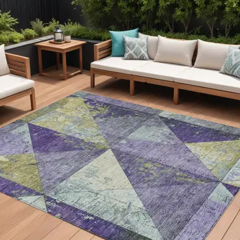 8' X 10' Eggplant And Gold Geometric Washable Indoor Outdoor Area Rug