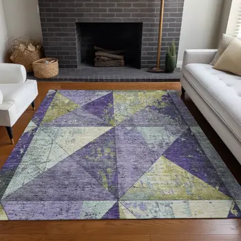 10' X 14' Eggplant And Gold Geometric Washable Indoor Outdoor Area Rug