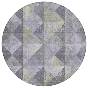 8' Lavender And Fern Green Round Geometric Washable Indoor Outdoor Area Rug