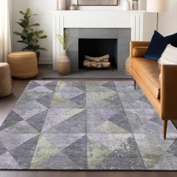 8' X 10' Lavender And Fern Green Geometric Washable Indoor Outdoor Area Rug