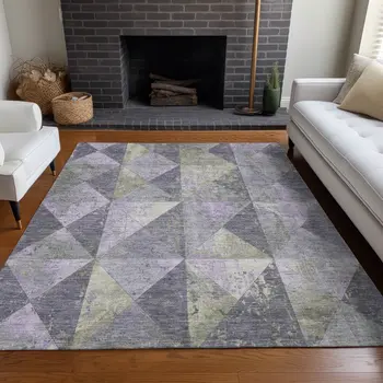 9' X 12' Lavender And Fern Green Geometric Washable Indoor Outdoor Area Rug