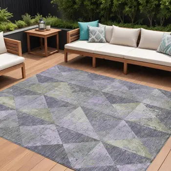 10' X 14' Lavender And Fern Green Geometric Washable Indoor Outdoor Area Rug