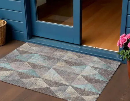 3' X 5' Brown And Teal Blue Geometric Washable Indoor Outdoor Area Rug