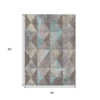 5' X 8' Brown And Teal Blue Geometric Washable Indoor Outdoor Area Rug