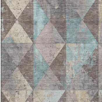 5' X 8' Brown And Teal Blue Geometric Washable Indoor Outdoor Area Rug