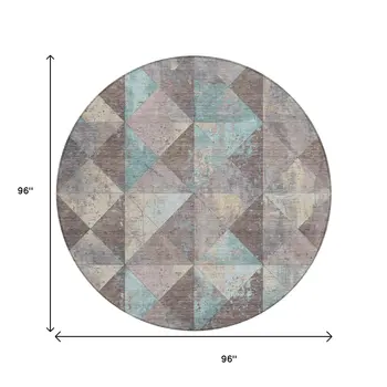8' Brown And Teal Blue Round Geometric Washable Indoor Outdoor Area Rug