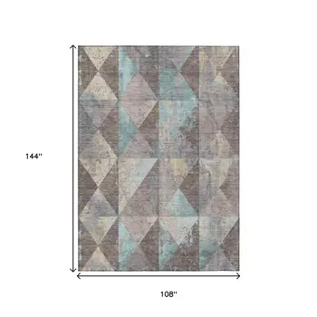 9' X 12' Brown And Teal Blue Geometric Washable Indoor Outdoor Area Rug