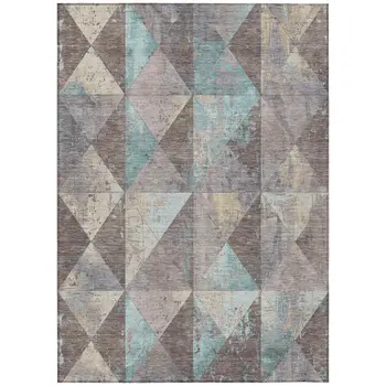 10' X 14' Brown And Teal Blue Geometric Washable Indoor Outdoor Area Rug