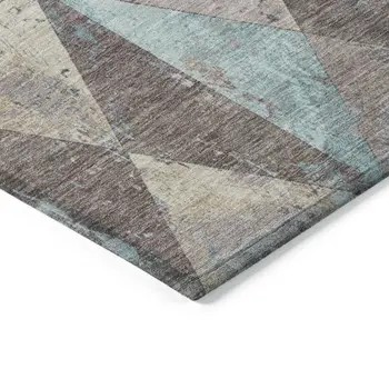 10' X 14' Brown And Teal Blue Geometric Washable Indoor Outdoor Area Rug