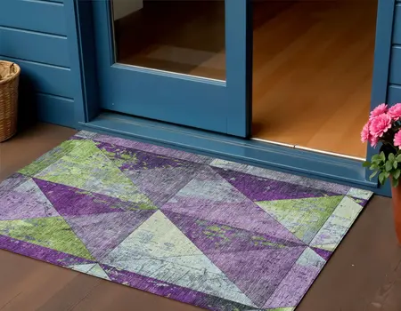 3' X 5' Purple And Lime Green Geometric Washable Indoor Outdoor Area Rug