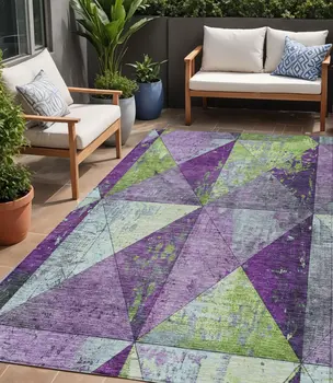 5' X 8' Purple And Lime Green Geometric Washable Indoor Outdoor Area Rug