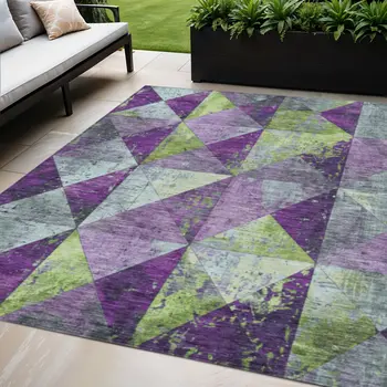 5' X 8' Purple And Lime Green Geometric Washable Indoor Outdoor Area Rug