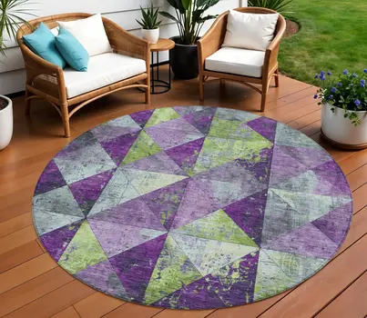 8' Purple And Lime Green Round Geometric Washable Indoor Outdoor Area Rug