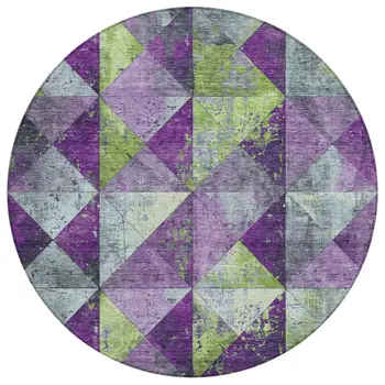 8' Purple And Lime Green Round Geometric Washable Indoor Outdoor Area Rug