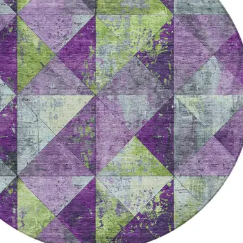 8' Purple And Lime Green Round Geometric Washable Indoor Outdoor Area Rug