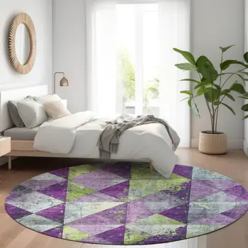 8' Purple And Lime Green Round Geometric Washable Indoor Outdoor Area Rug