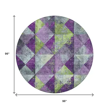 8' Purple And Lime Green Round Geometric Washable Indoor Outdoor Area Rug