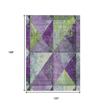 10' X 14' Purple And Lime Green Geometric Washable Indoor Outdoor Area Rug