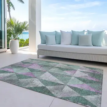 3' X 5' Sage And Purple Geometric Washable Indoor Outdoor Area Rug