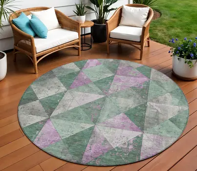 8' Sage And Purple Round Geometric Washable Indoor Outdoor Area Rug