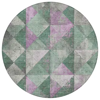 8' Sage And Purple Round Geometric Washable Indoor Outdoor Area Rug