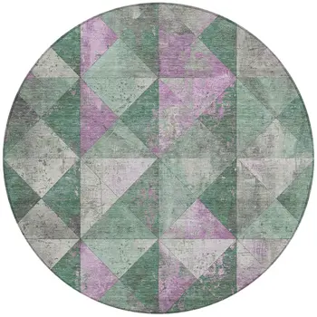 8' Sage And Purple Round Geometric Washable Indoor Outdoor Area Rug