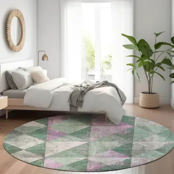 8' Sage And Purple Round Geometric Washable Indoor Outdoor Area Rug