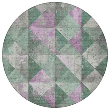 8' Sage And Purple Round Geometric Washable Indoor Outdoor Area Rug