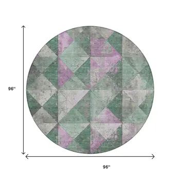 8' Sage And Purple Round Geometric Washable Indoor Outdoor Area Rug