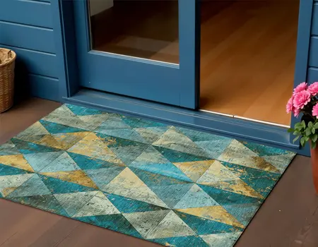 3' X 5' Teal Blue And Gold Geometric Washable Indoor Outdoor Area Rug