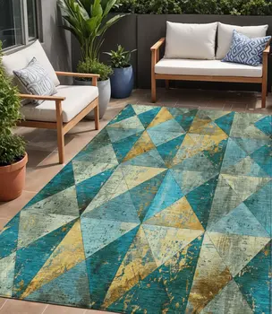 5' X 8' Teal Blue And Gold Geometric Washable Indoor Outdoor Area Rug