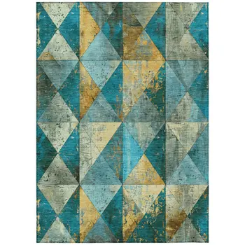 5' X 8' Teal Blue And Gold Geometric Washable Indoor Outdoor Area Rug