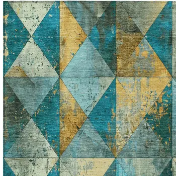 5' X 8' Teal Blue And Gold Geometric Washable Indoor Outdoor Area Rug
