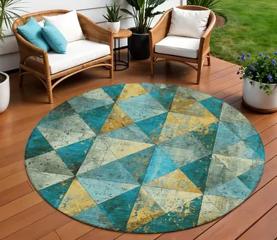 8' Teal Blue And Gold Round Geometric Washable Indoor Outdoor Area Rug