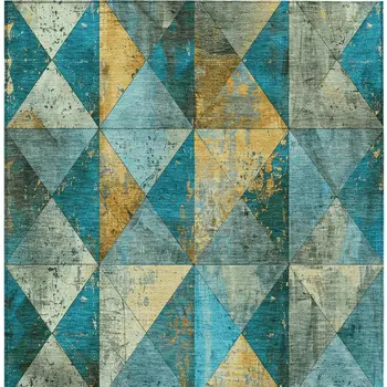 9' X 12' Teal Blue And Gold Geometric Washable Indoor Outdoor Area Rug