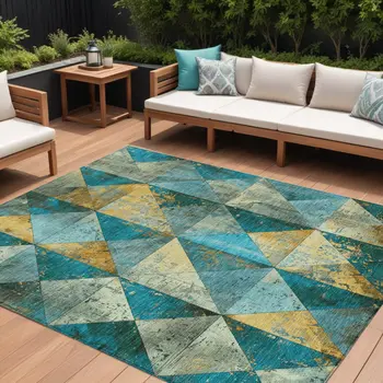 10' X 14' Teal Blue And Gold Geometric Washable Indoor Outdoor Area Rug