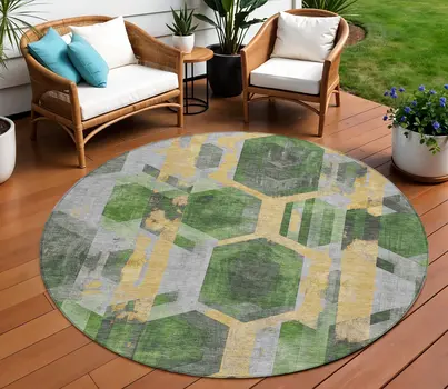 8' Green Gold And Silver Round Geometric Washable Indoor Outdoor Area Rug