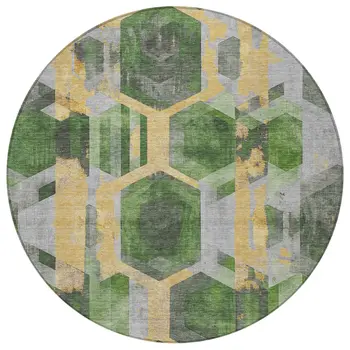 8' Green Gold And Silver Round Geometric Washable Indoor Outdoor Area Rug