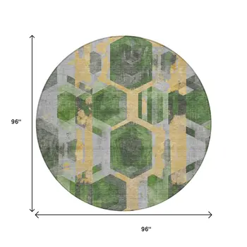8' Green Gold And Silver Round Geometric Washable Indoor Outdoor Area Rug