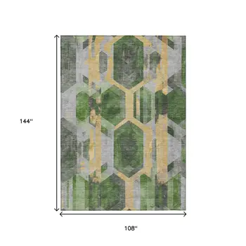 9' X 12' Green Gold And Silver Geometric Washable Indoor Outdoor Area Rug