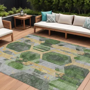 9' X 12' Green Gold And Silver Geometric Washable Indoor Outdoor Area Rug