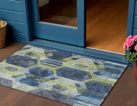 3' X 5' Navy Blue Gold And Silver Geometric Washable Indoor Outdoor Area Rug