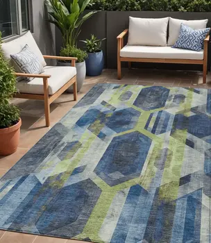 5' X 8' Navy Blue Gold And Silver Geometric Washable Indoor Outdoor Area Rug