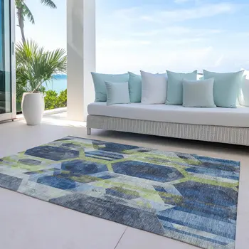 5' X 8' Navy Blue Gold And Silver Geometric Washable Indoor Outdoor Area Rug