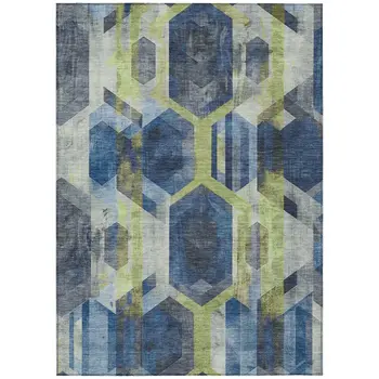5' X 8' Navy Blue Gold And Silver Geometric Washable Indoor Outdoor Area Rug