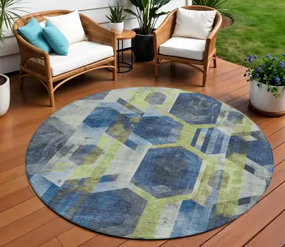 8' Navy Blue Gold And Silver Round Geometric Washable Indoor Outdoor Area Rug