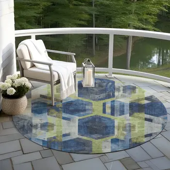 8' Navy Blue Gold And Silver Round Geometric Washable Indoor Outdoor Area Rug
