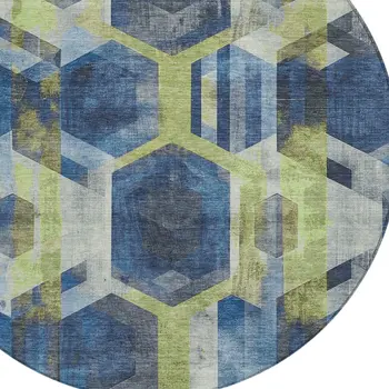 8' Navy Blue Gold And Silver Round Geometric Washable Indoor Outdoor Area Rug