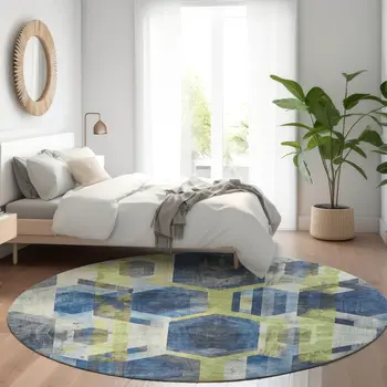 8' Navy Blue Gold And Silver Round Geometric Washable Indoor Outdoor Area Rug
